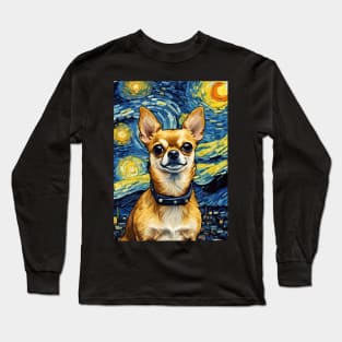 Chihuahua Dog Breed Painting in a Van Gogh Starry Night Art Style Long Sleeve T-Shirt